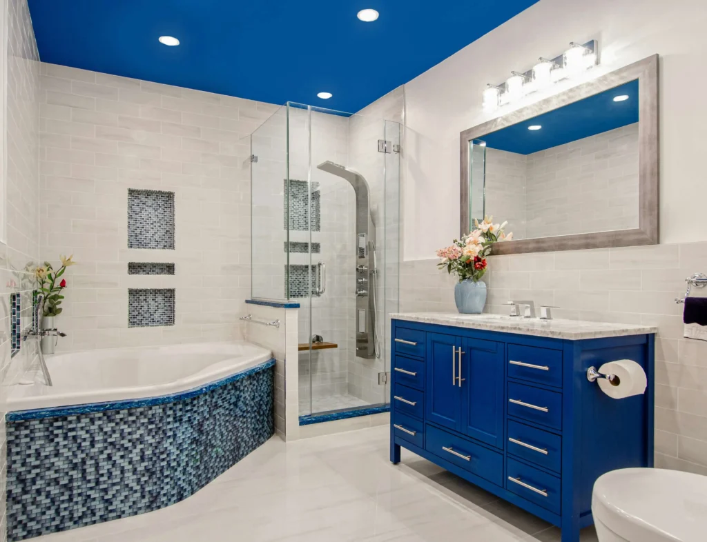 Beautiful navy blue and white bathroom. Keen Bathrooms - bathroom renovations smithville homeowners trust.